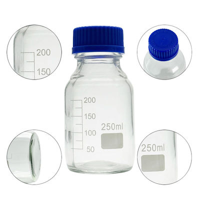 OEM ODM 250 ml reagens media glas laboratoriumflessen met blauwe schroef kap
